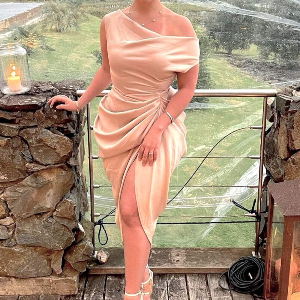 Champagne Satin Off The Shoulder Draped Skirt Midi Dress